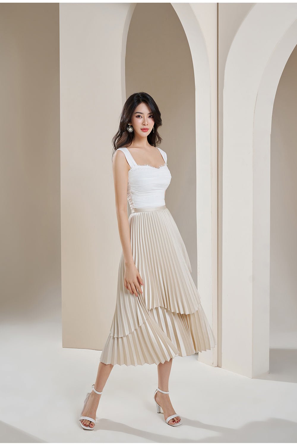 Arya Silky Pleated Midi Skirt in Pearl
