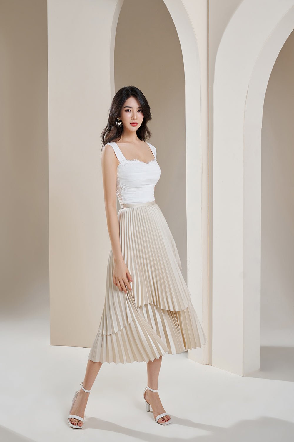 Arya Silky Pleated Midi Skirt in Rose Gold