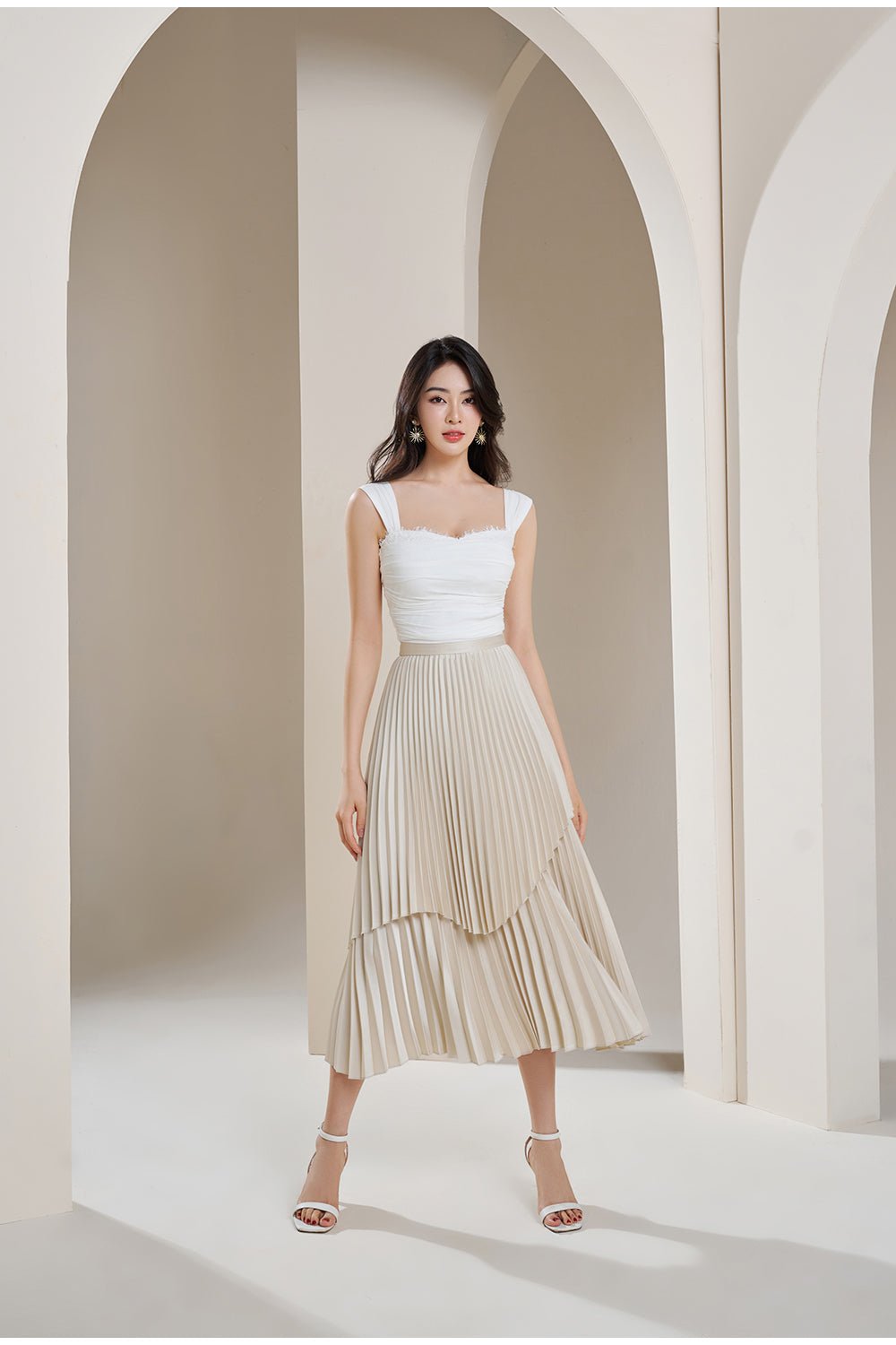 Arya Silky Pleated Midi Skirt in Pearl