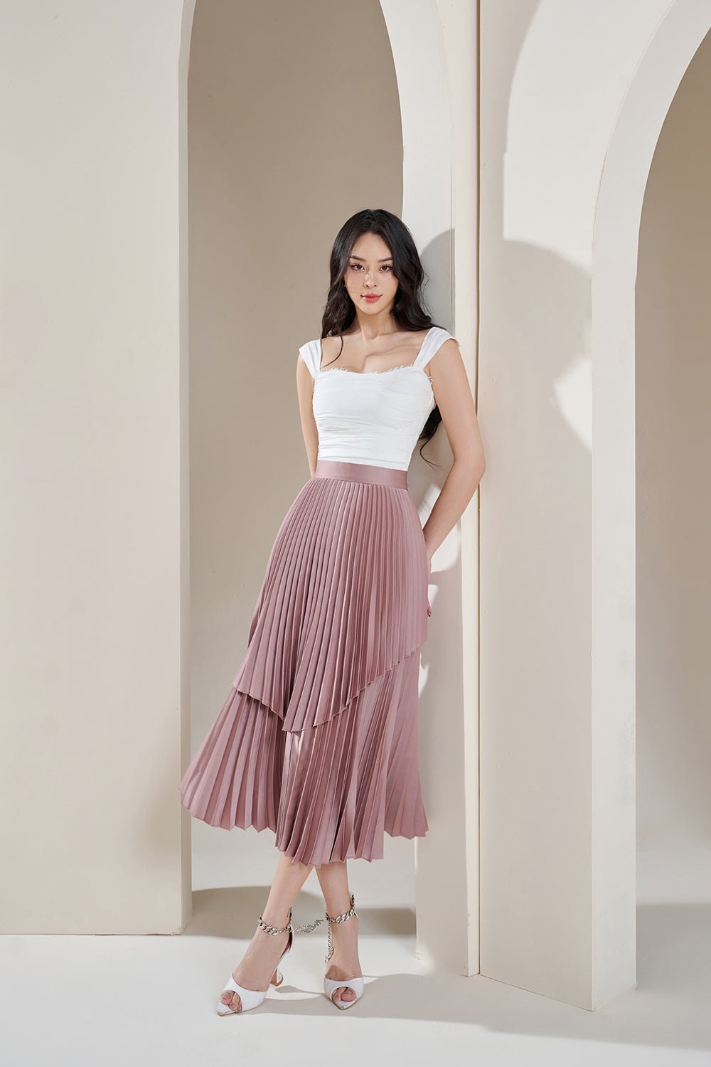 Arya Silky Pleated Midi Skirt in Champagne Gold