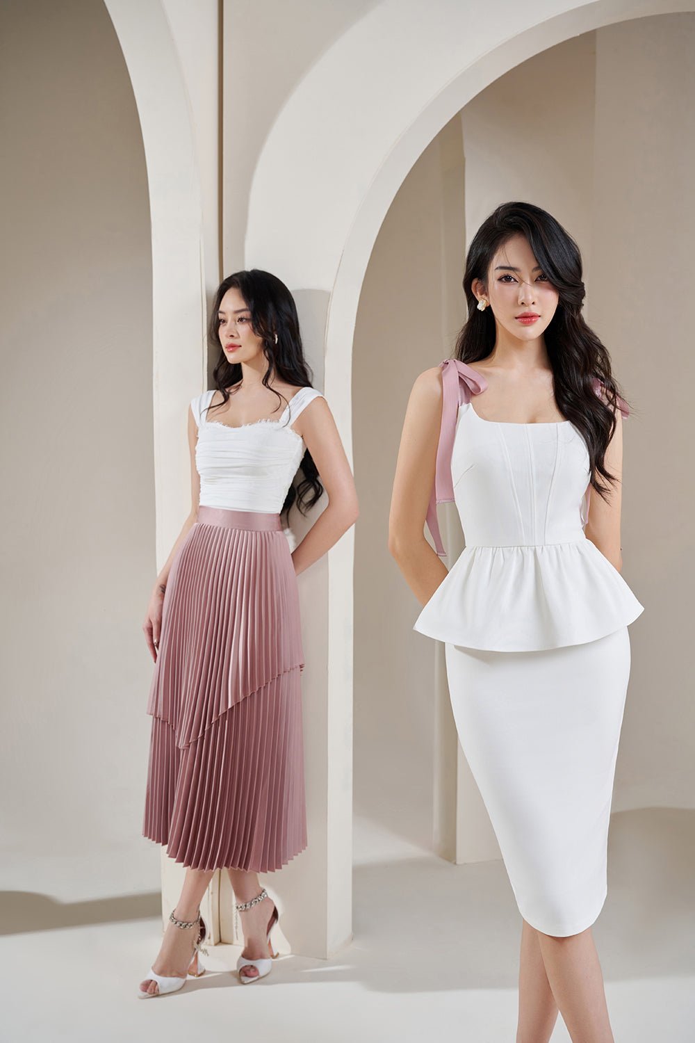 Arya Silky Pleated Midi Skirt in Rose Gold