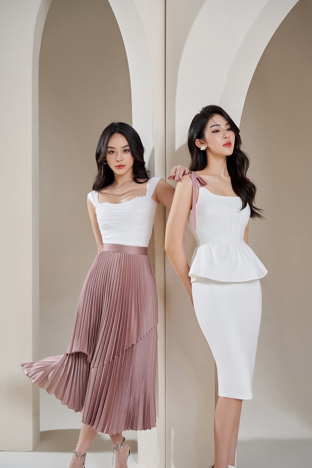 Arya Silky Pleated Midi Skirt in Rose Gold