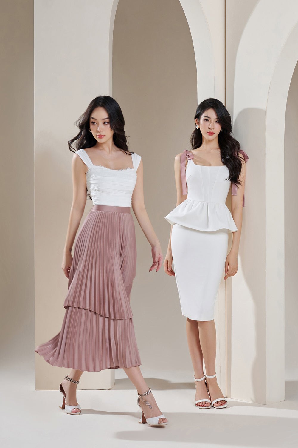 Arya Silky Pleated Midi Skirt in Rose Gold