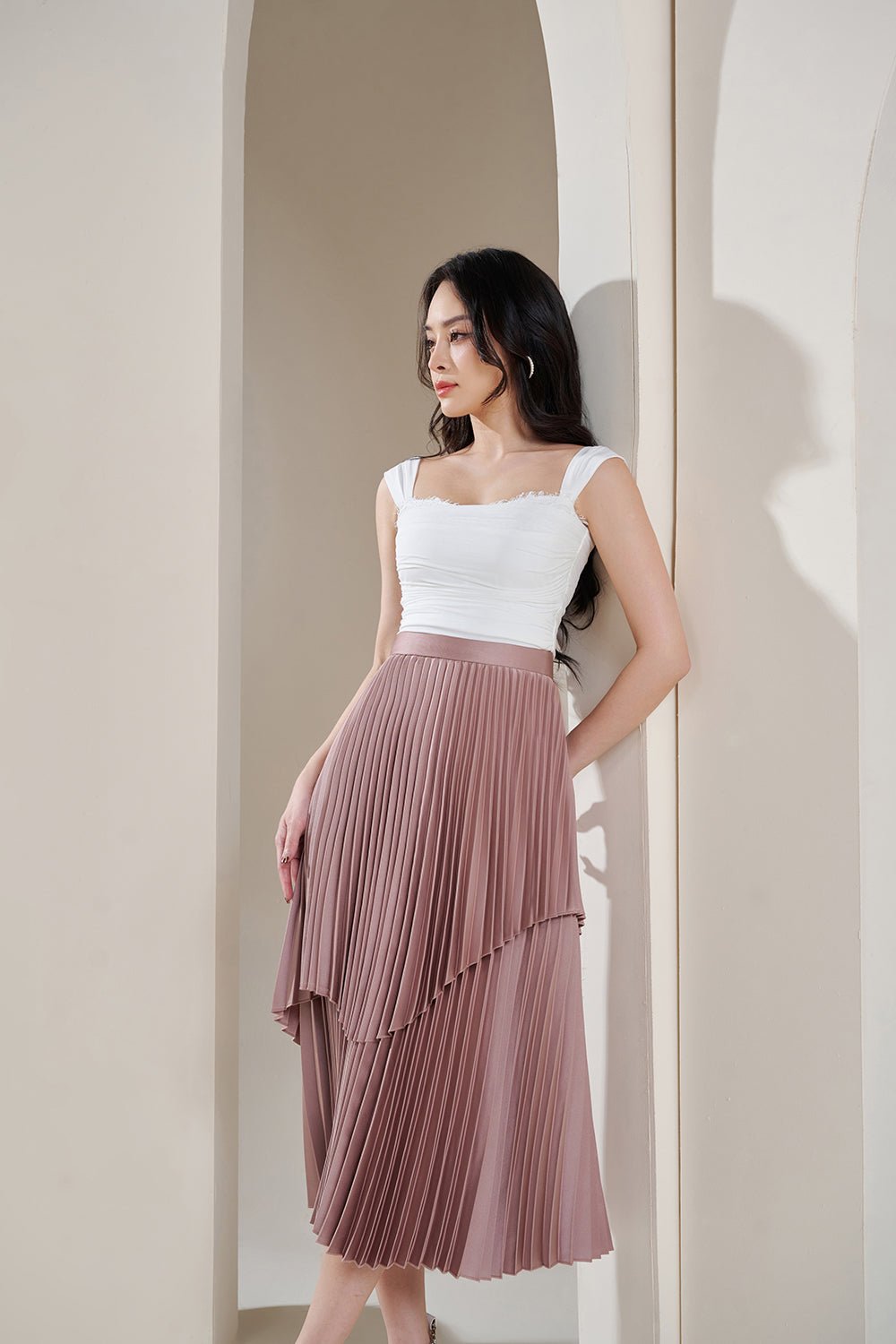 Arya Silky Pleated Midi Skirt in Rose Gold