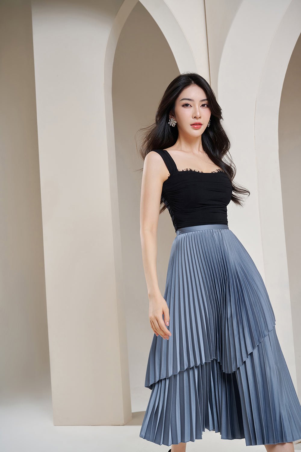 Arya Silky Pleated Midi Skirt in Titanium Blue