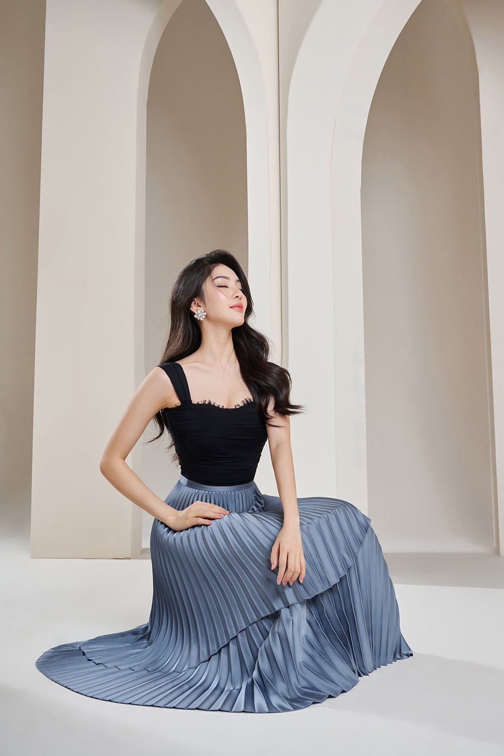 Arya Silky Pleated Midi Skirt in Pearl