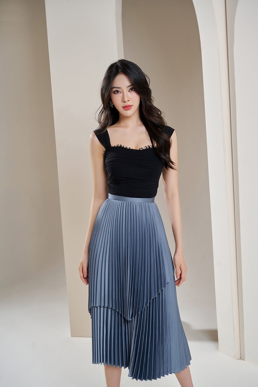 Arya Silky Pleated Midi Skirt in Titanium Blue