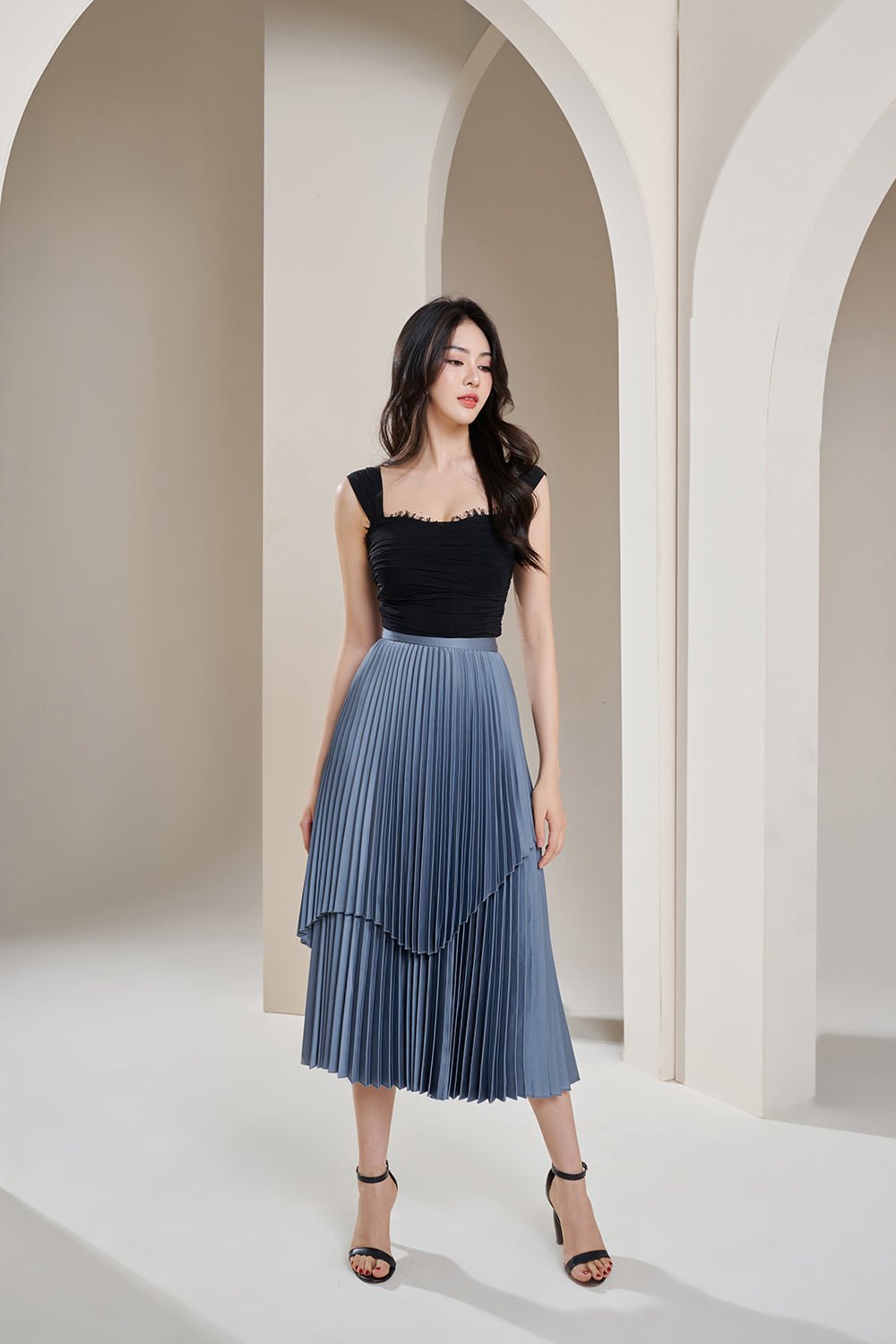 Arya Silky Pleated Midi Skirt in Titanium Blue
