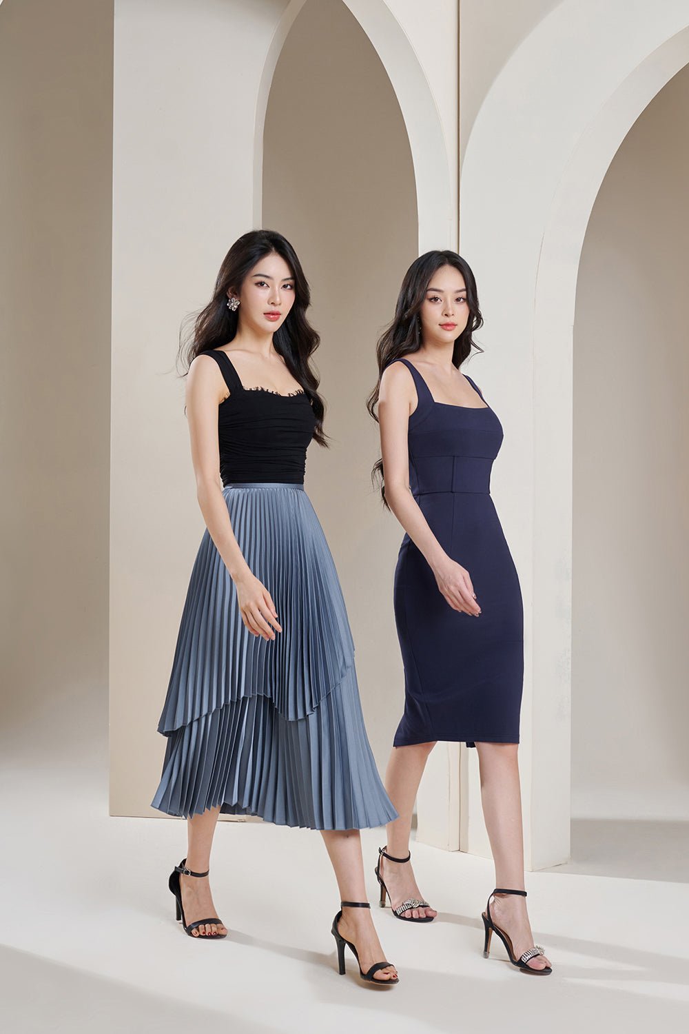 Arya Silky Pleated Midi Skirt in Titanium Blue