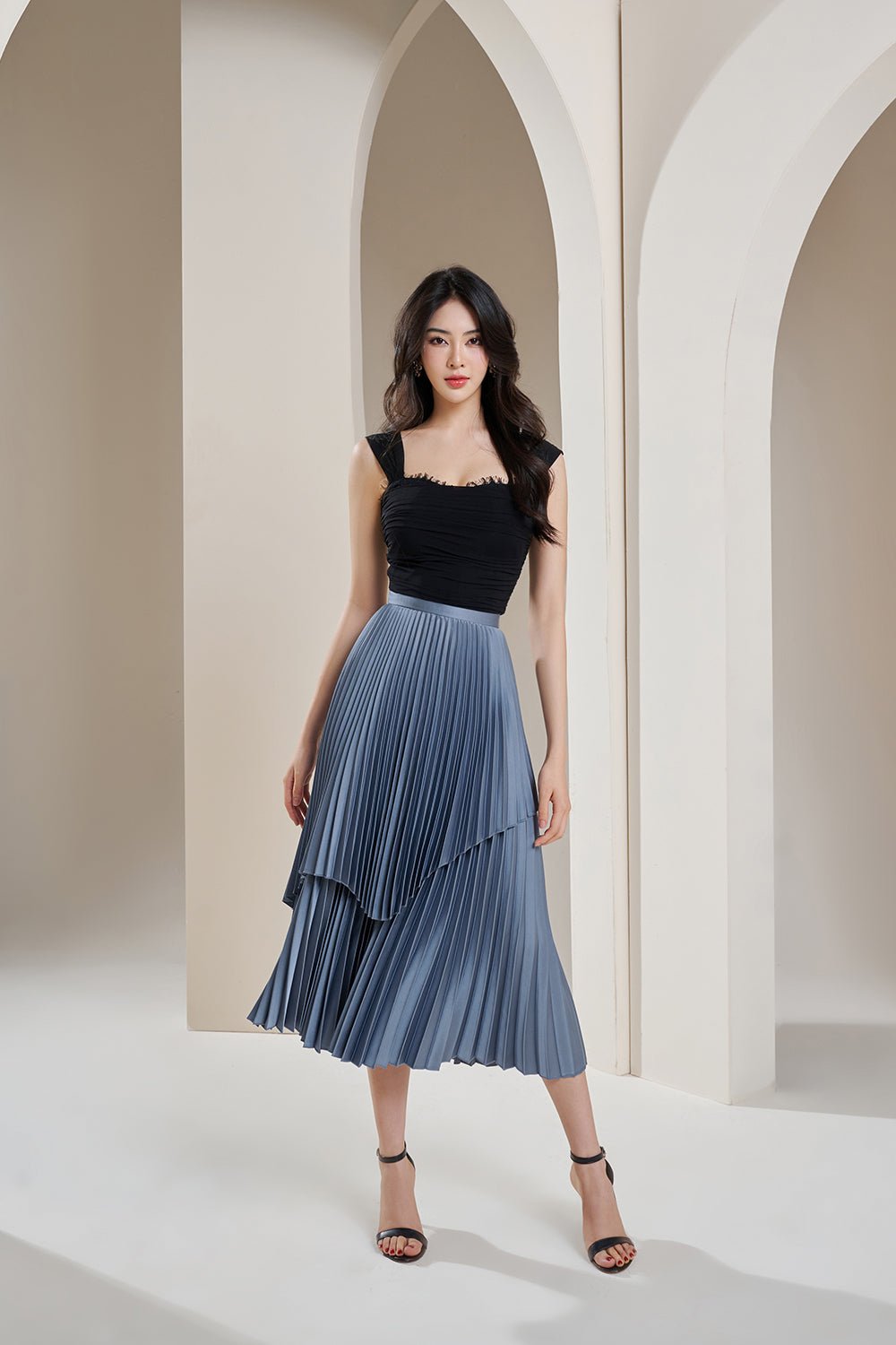 Arya Silky Pleated Midi Skirt in Titanium Blue