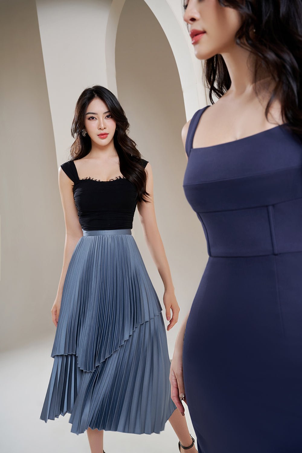 Claudia Corset Detail Fitted Pencil Dress in Navy