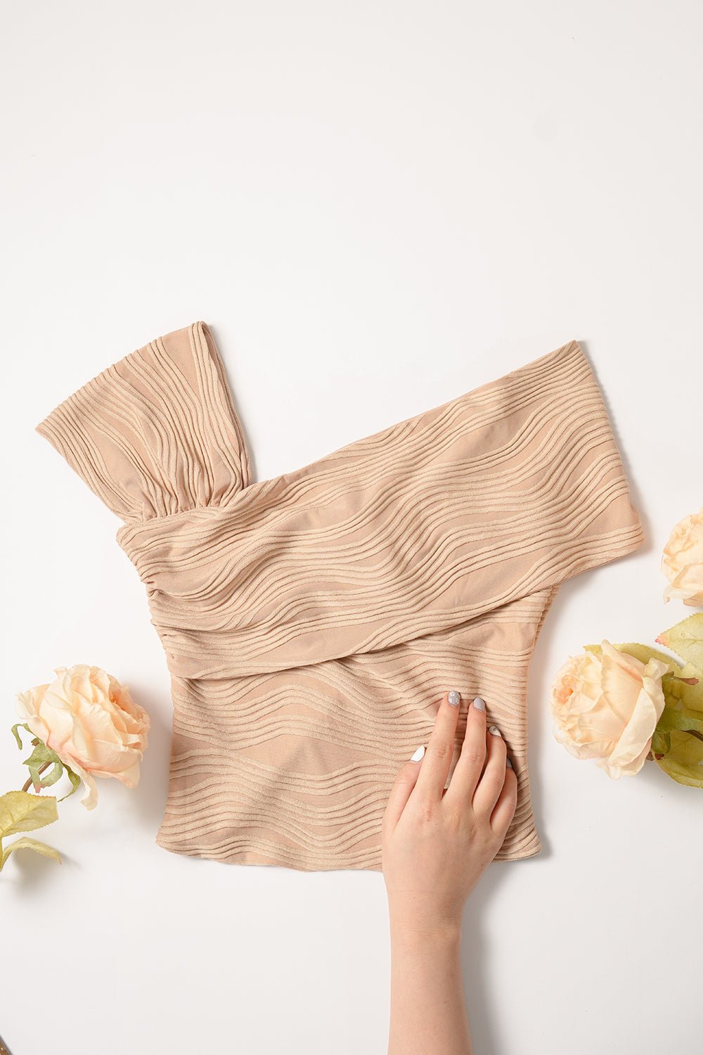 Ava 2 Way Off Shoulder Textured Stretch Top in Beige