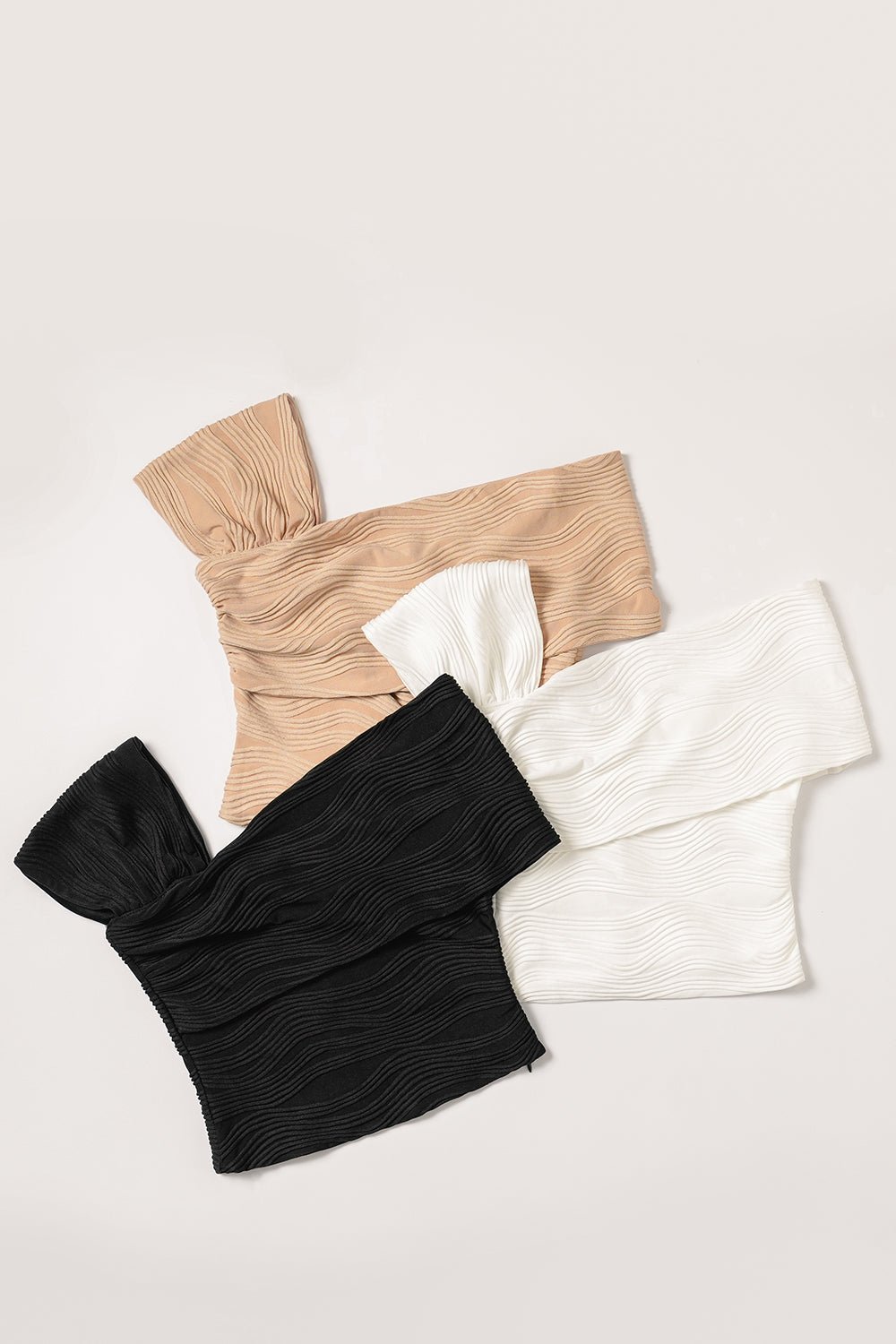 Ava 2 Way Off Shoulder Textured Stretch Top in Beige