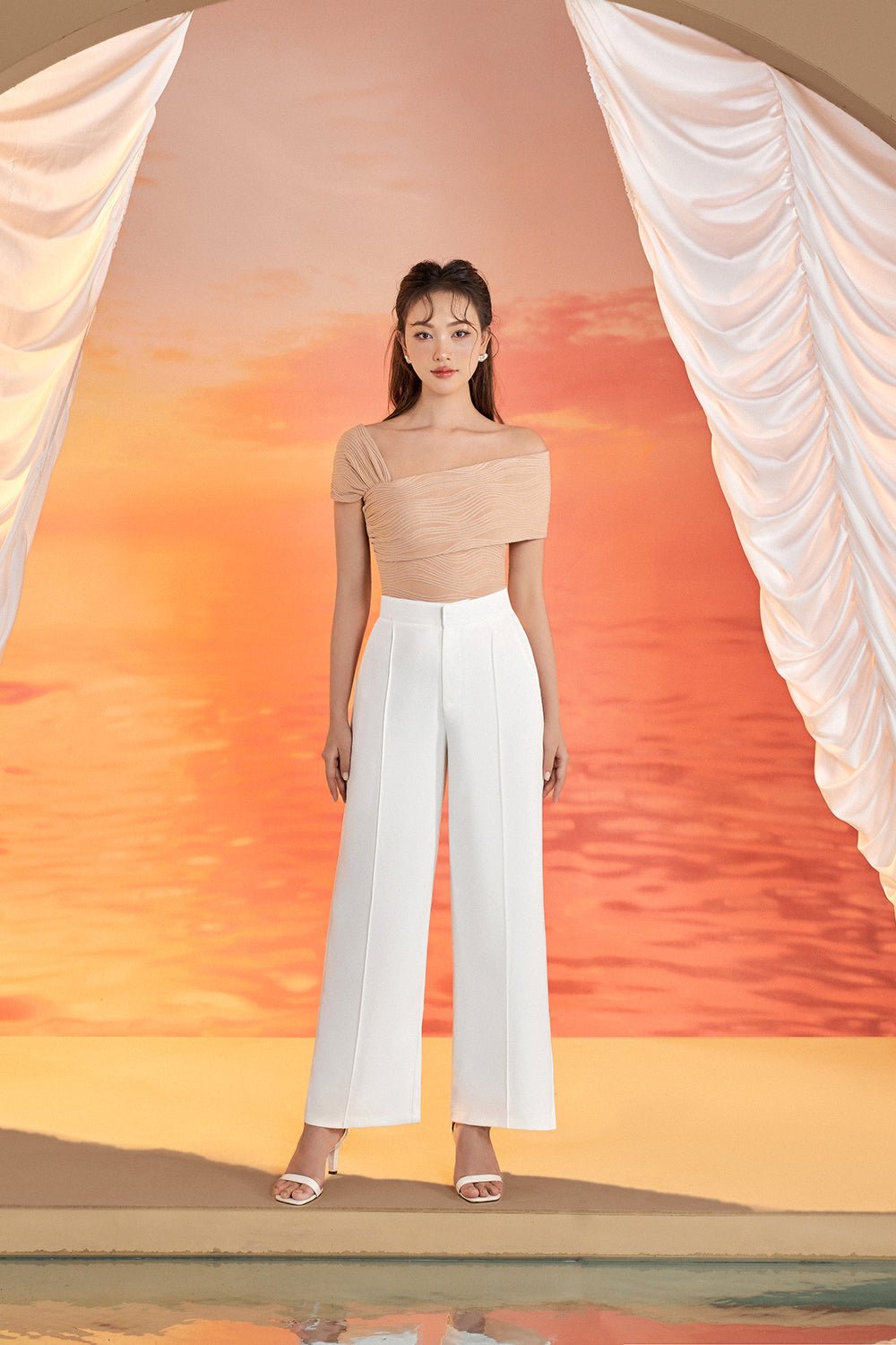 Ava 2 Way Off Shoulder Textured Stretch Top in Beige