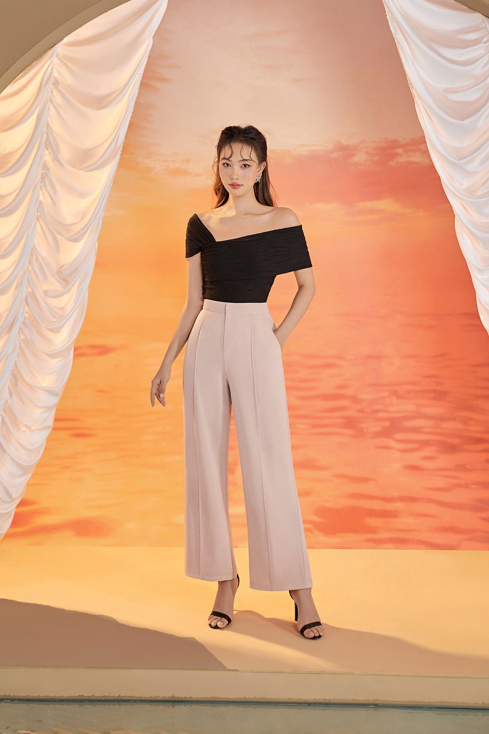 Ava 2 Way Off Shoulder Textured Stretch Top in Classic Black