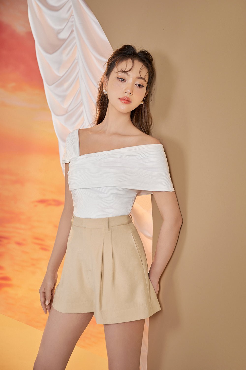 Ava 2 Way Off Shoulder Textured Stretch Top in Beige