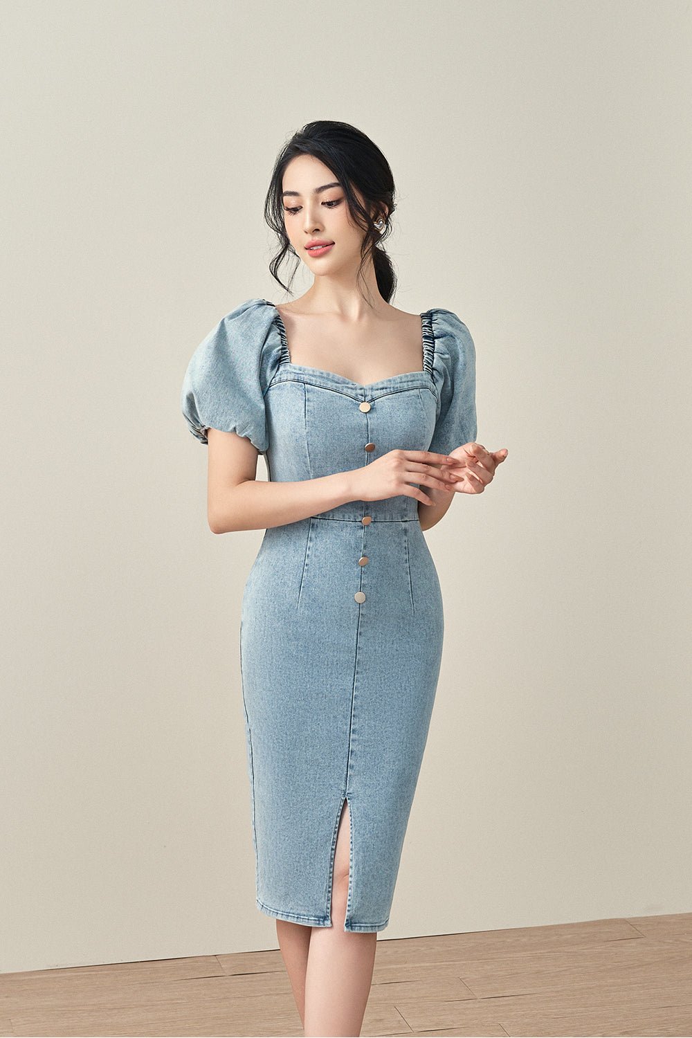 Brie Puff Sleeves Stretchy Denim Dress