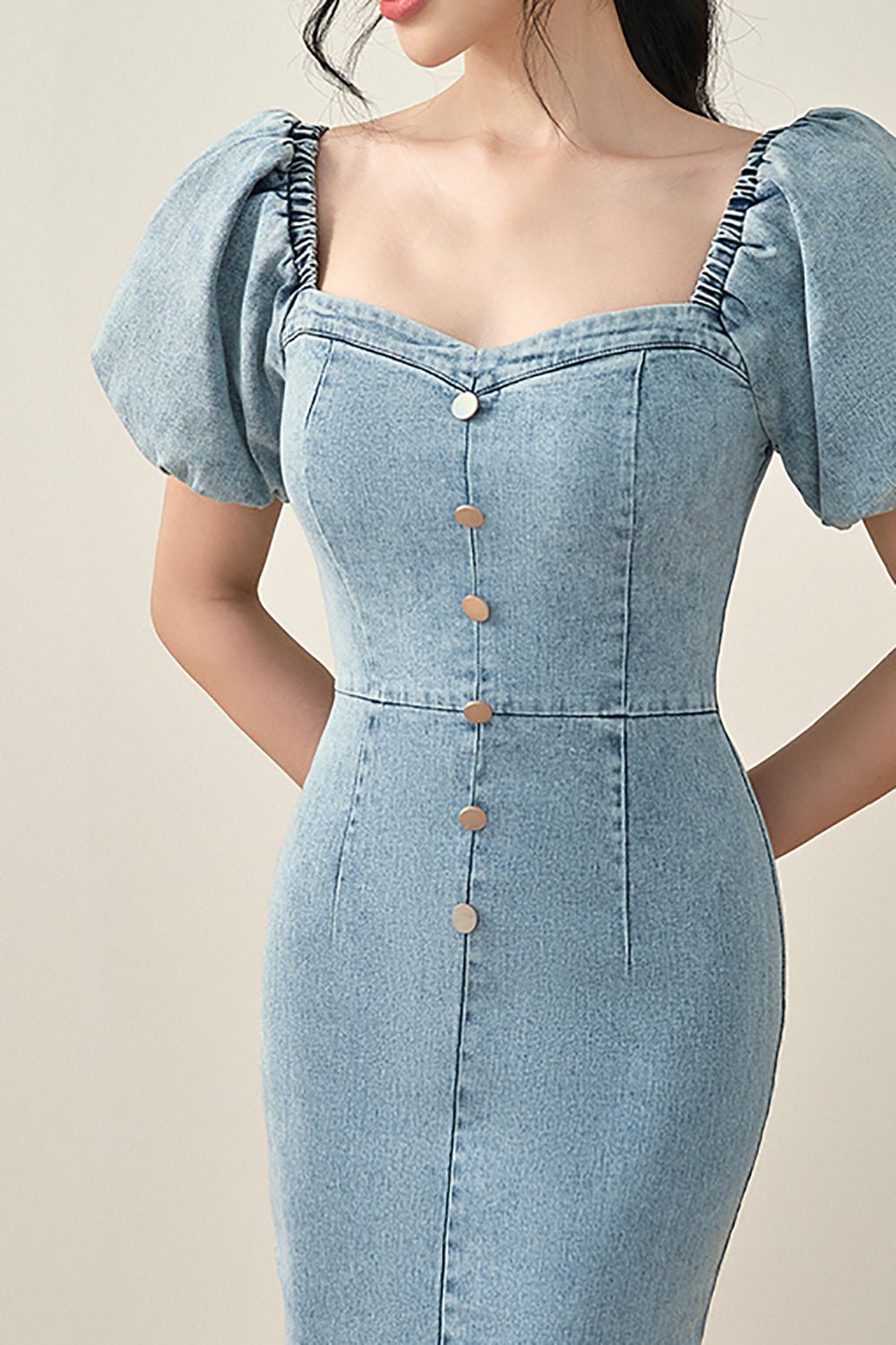 Brie Puff Sleeves Stretchy Denim Dress