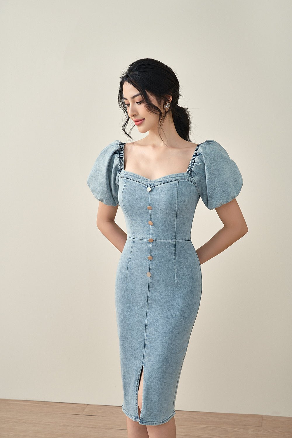 Brie Puff Sleeves Stretchy Denim Dress