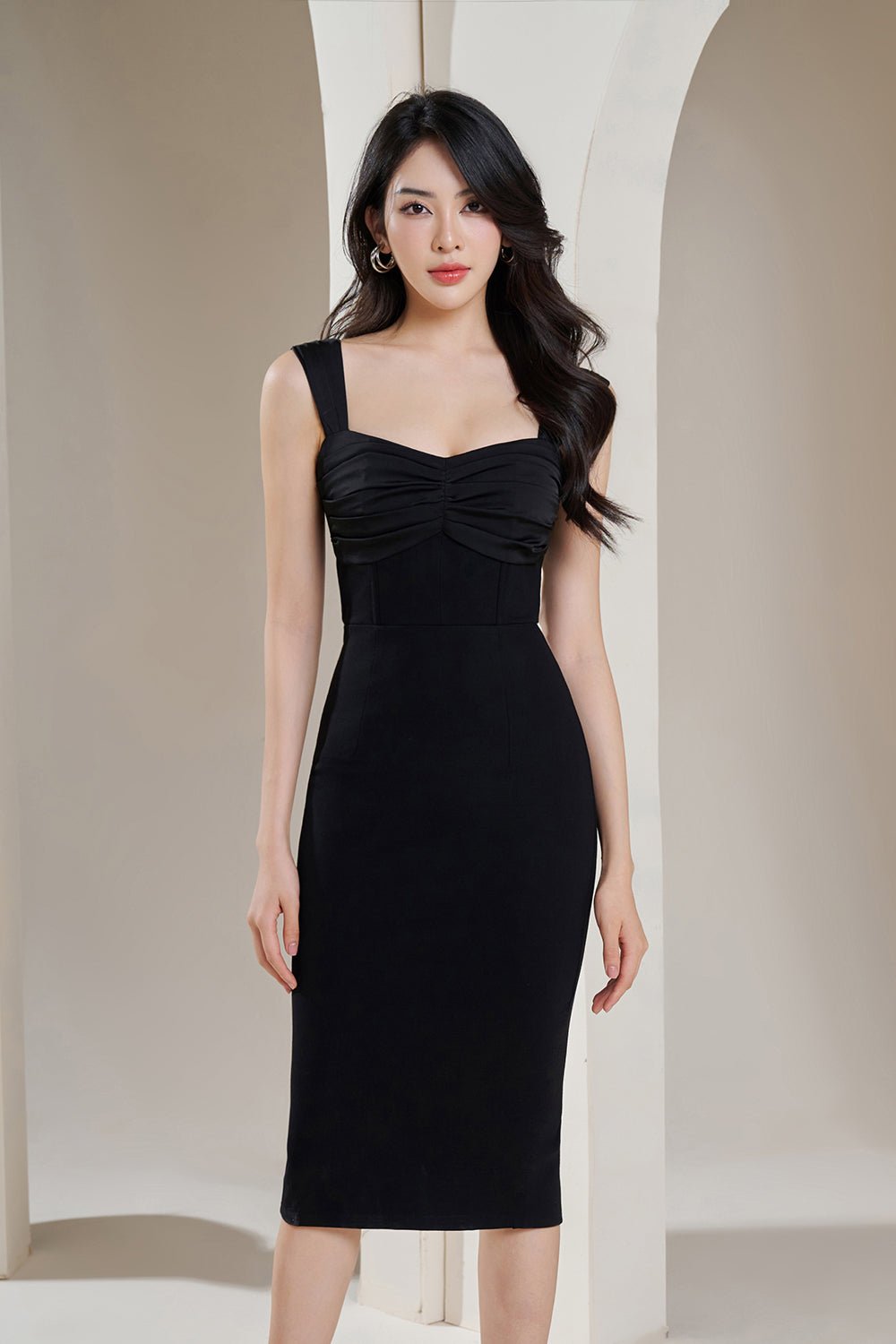 Brinkley Ruched Bust Corset Detail Pencil Dress in Classic Black