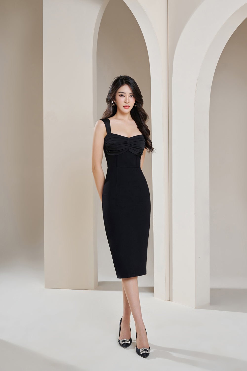 Brinkley Ruched Bust Corset Detail Pencil Dress in Classic Black