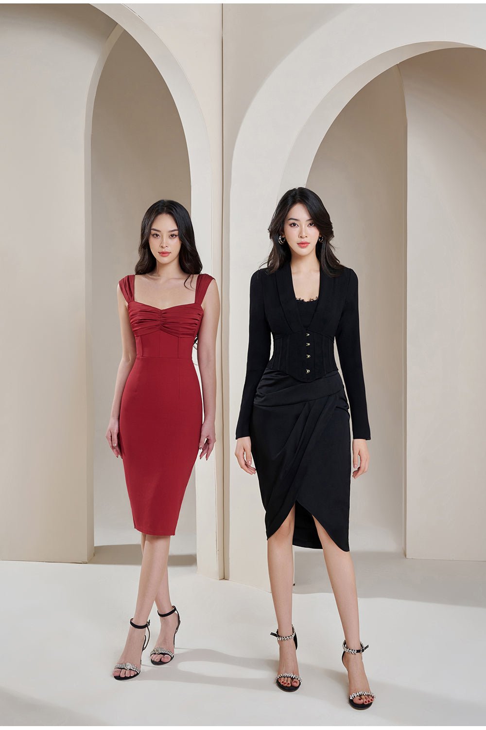 Brinkley Ruched Bust Corset Detail Pencil Dress in Maroon Red