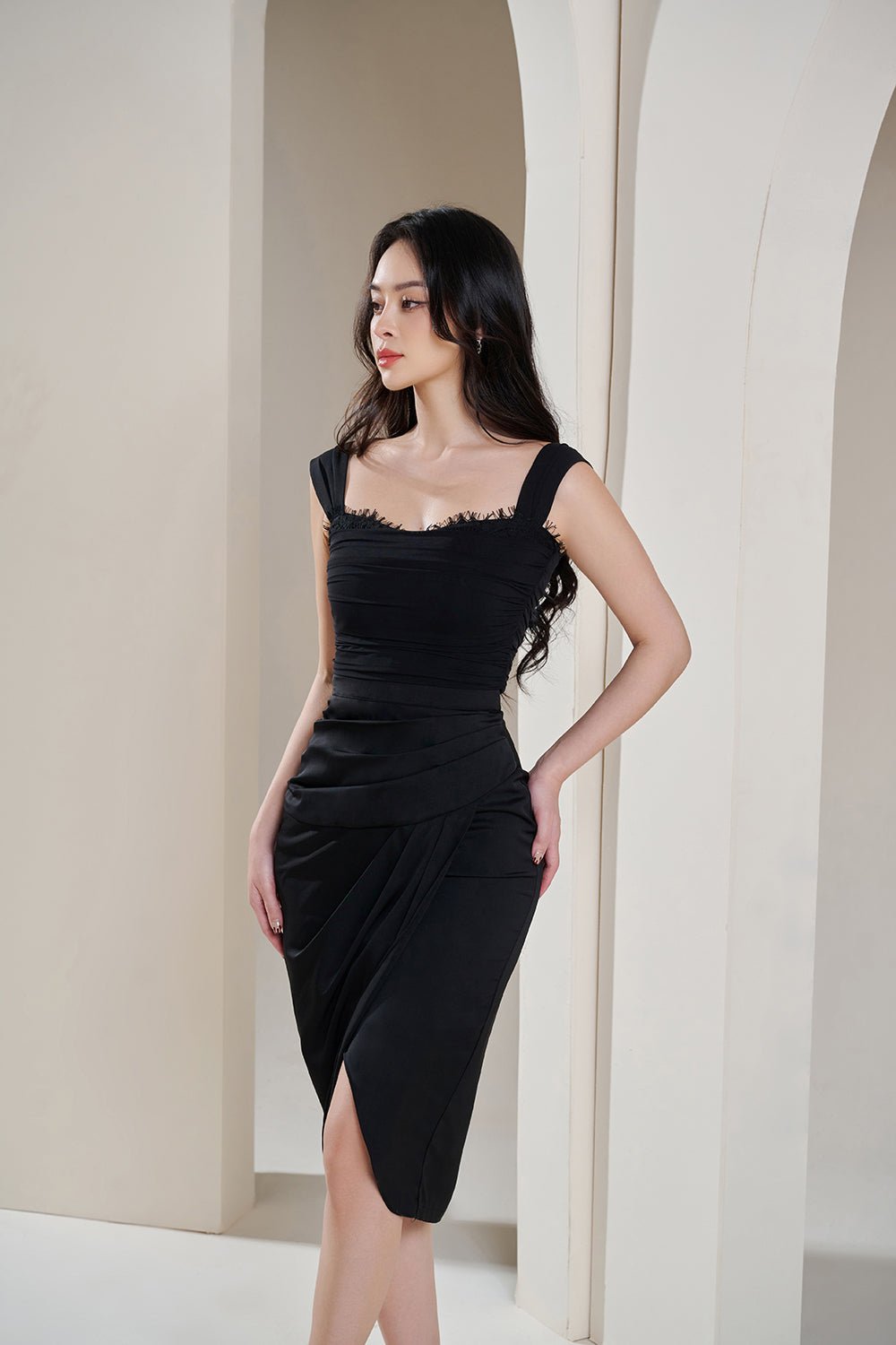 Carla Padded Ruched Mesh & Lace Top in Classic Black