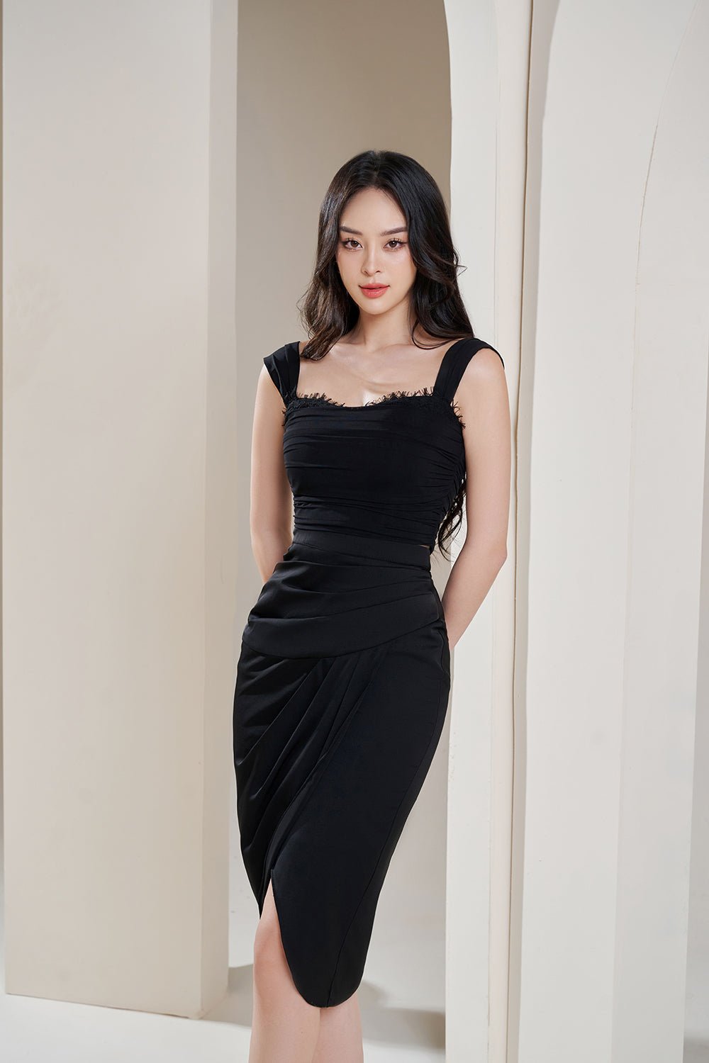 Carla Padded Ruched Mesh & Lace Top in Classic Black