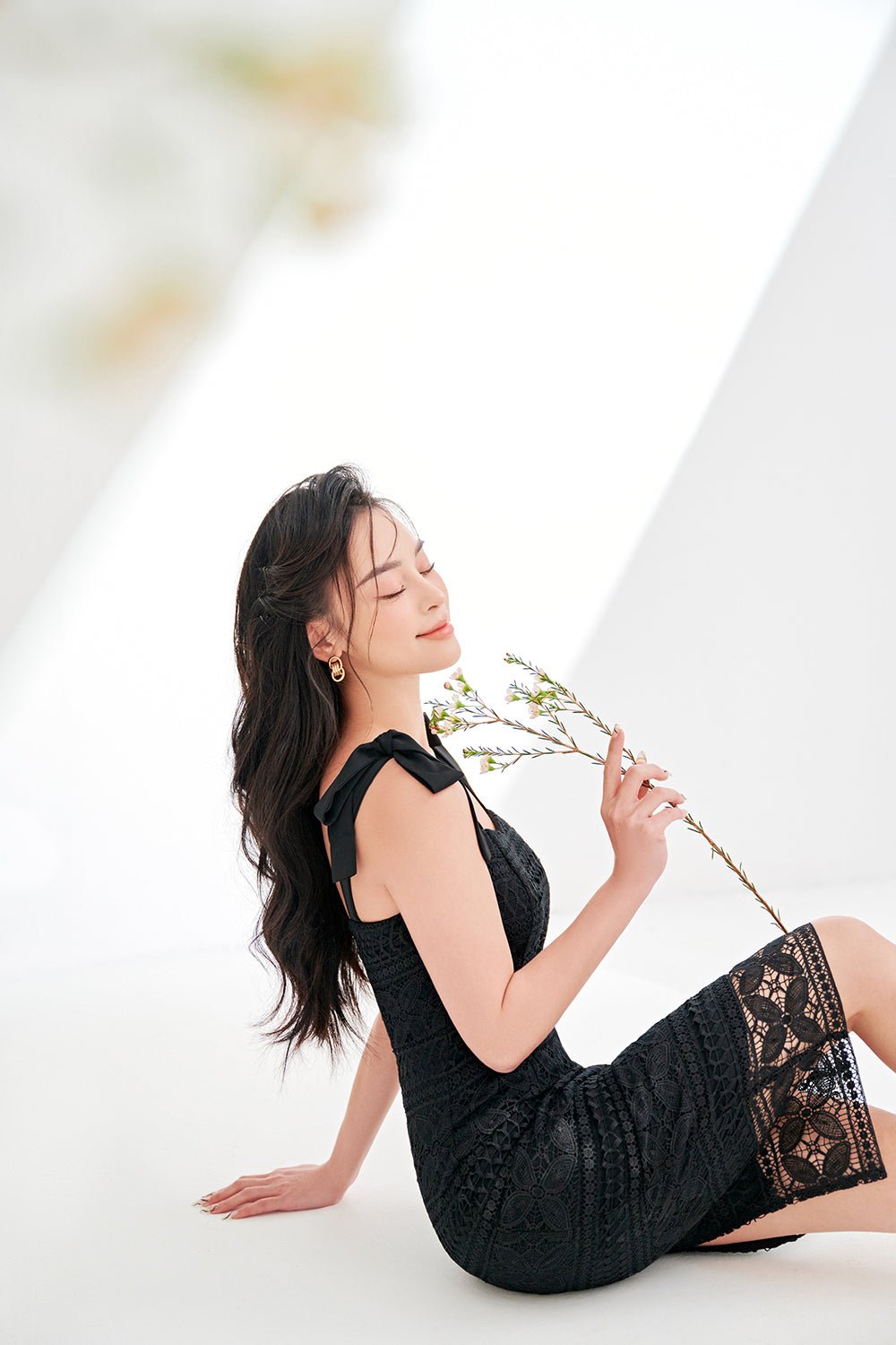 Catiana Ribbon Strap Fitted Lace Dress in Classic Black