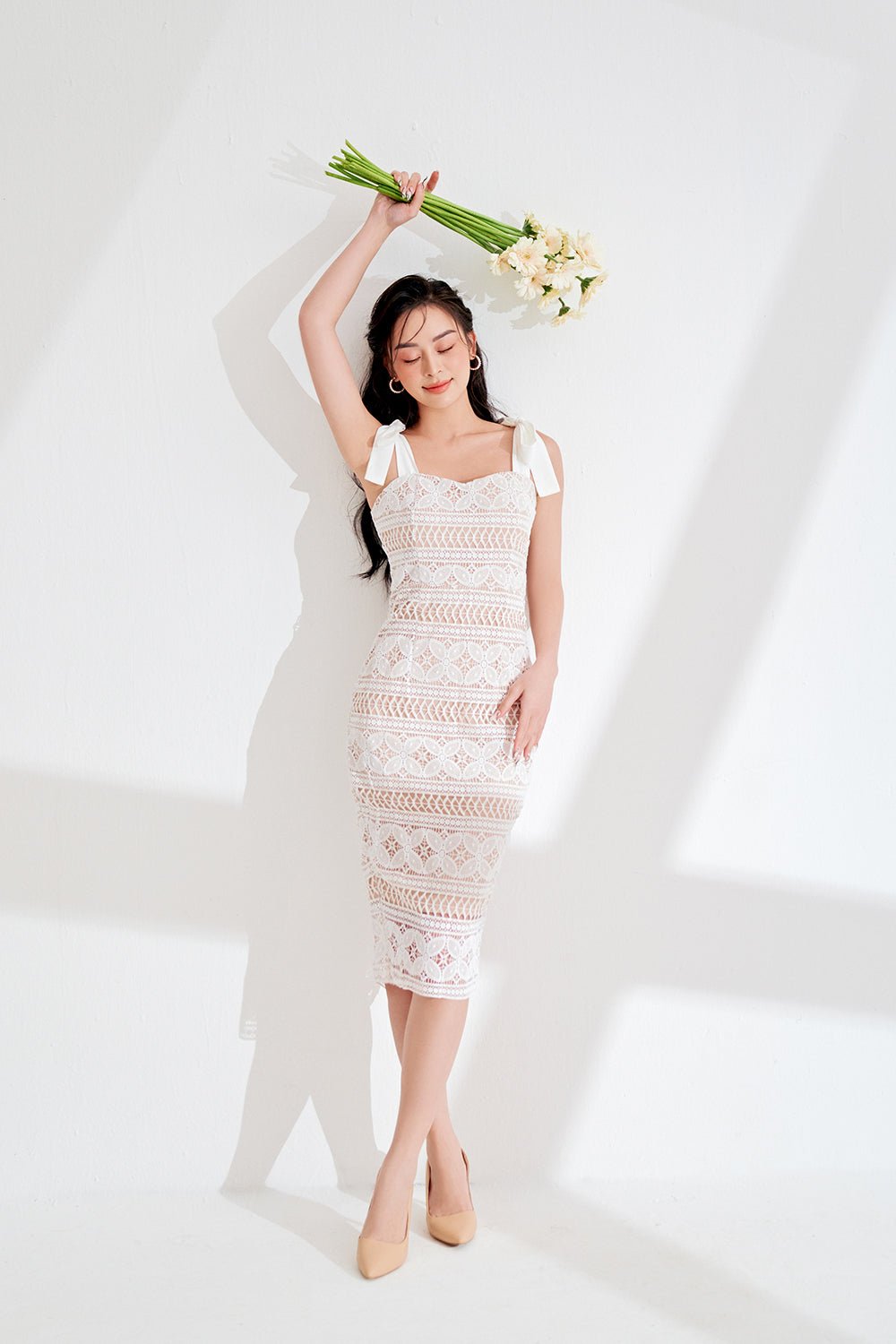 Catiana Ribbon Strap Fitted Lace Dress in Classic Black