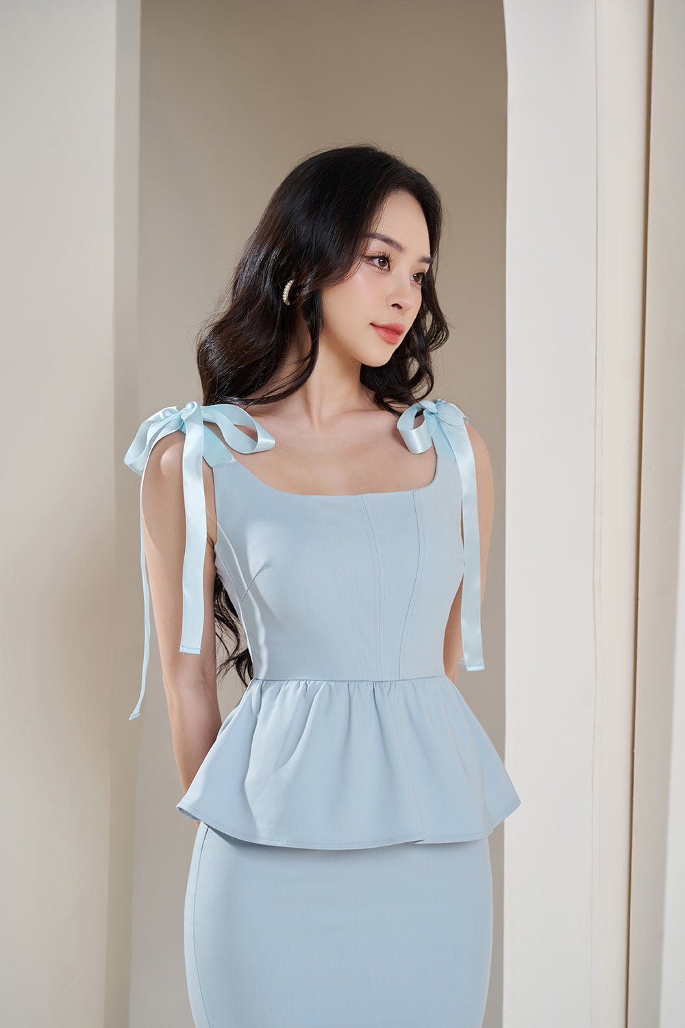 Christy Corset Detail Peplum Ribbon Strap Dress in Cinderella Blue