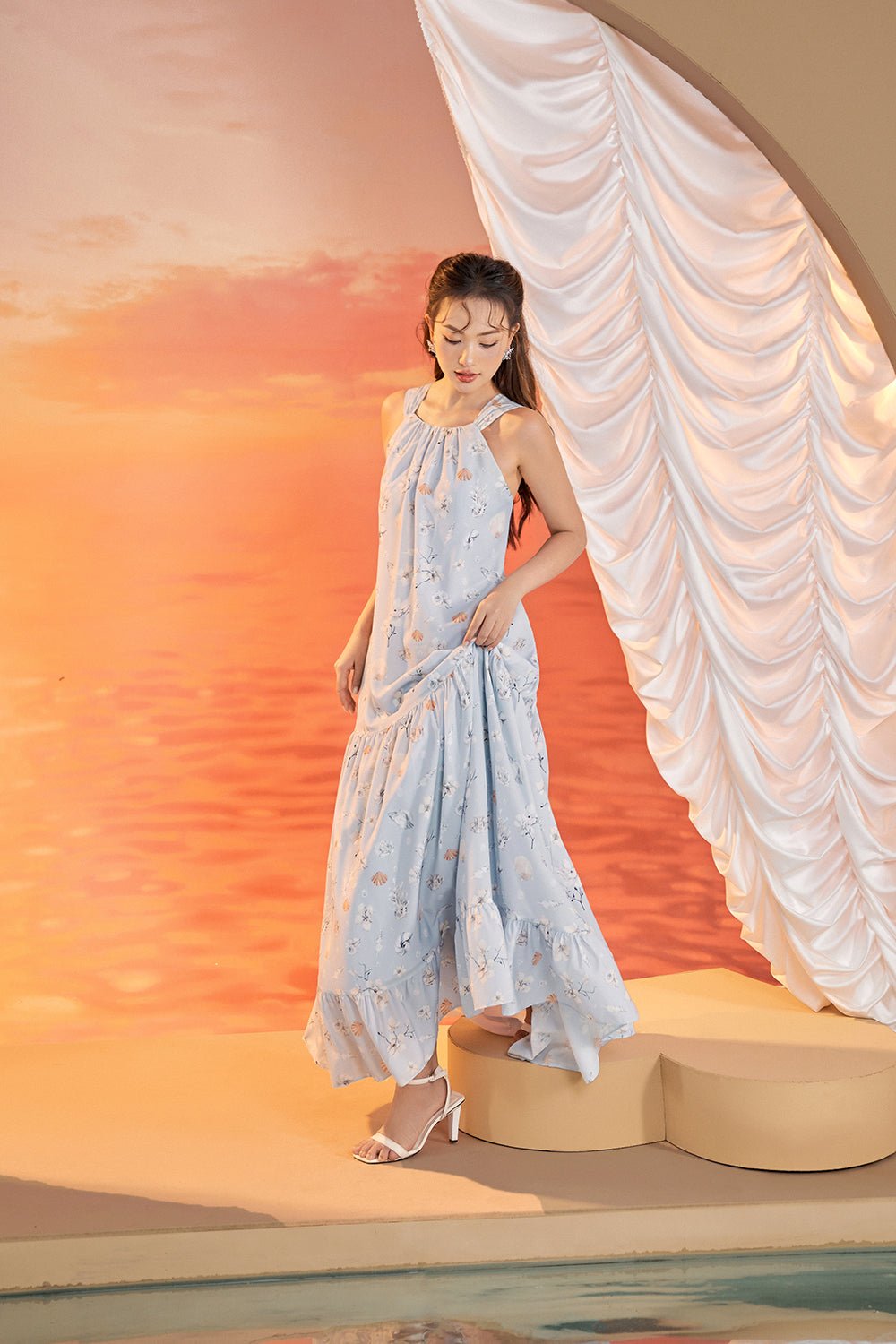 Claudette Tie-Back Halter Padded Maxi Dress in White/Seashell