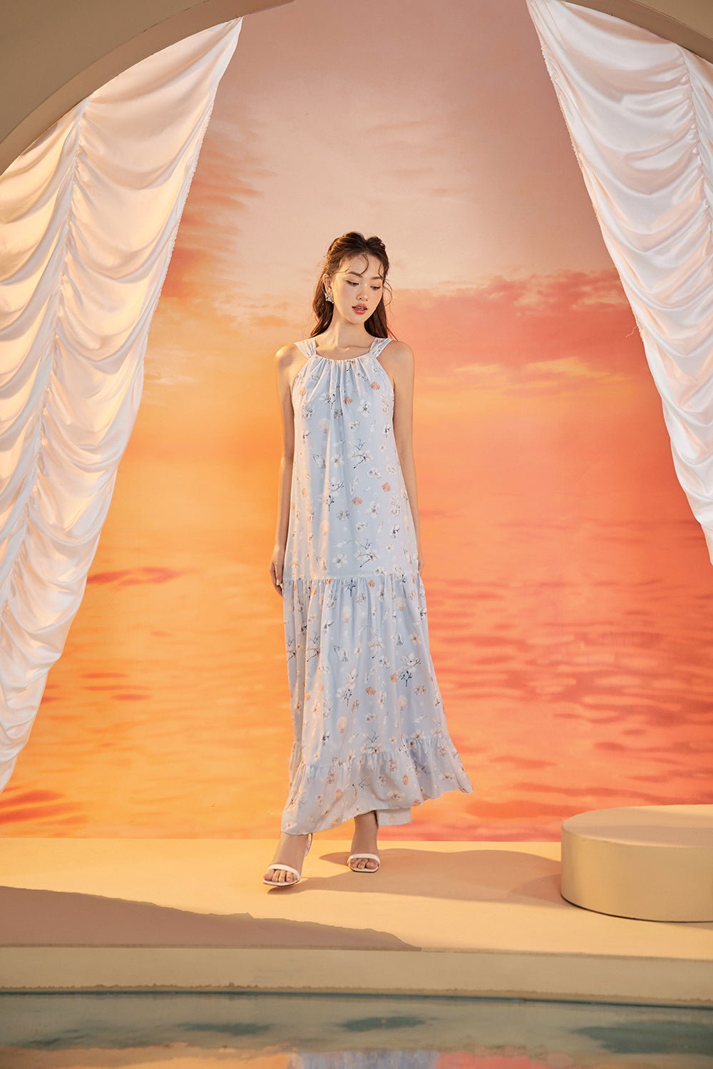 Claudette Tie-Back Halter Padded Maxi Dress in Cloud Blue/Seashell