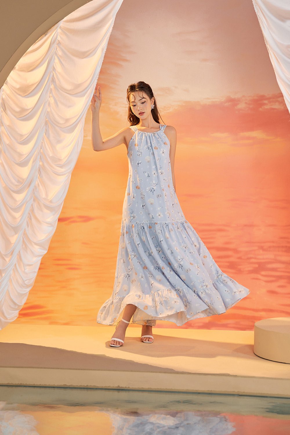 Claudette Tie-Back Halter Padded Maxi Dress in Cloud Blue/Seashell