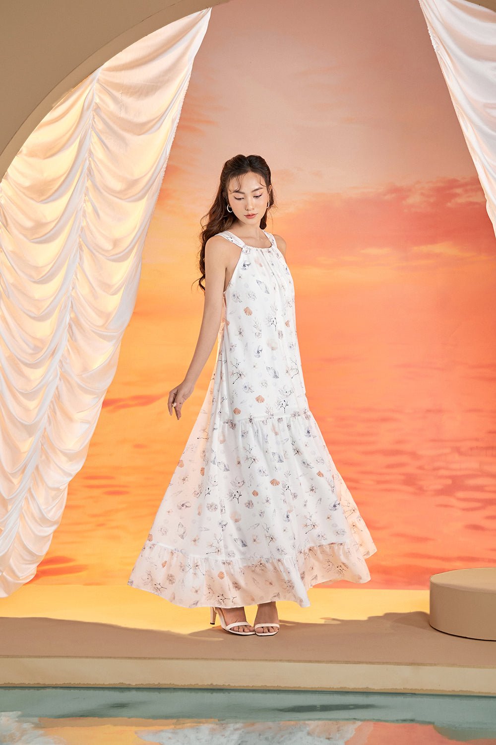 Claudette Tie-Back Halter Padded Maxi Dress in Cloud Blue/Seashell