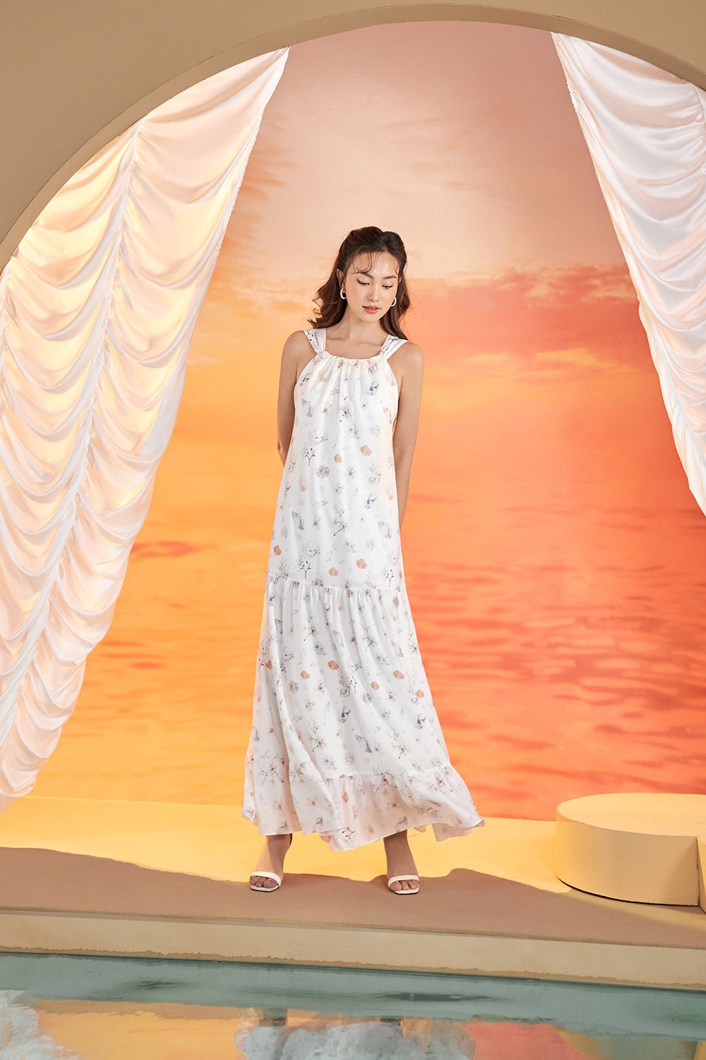 Claudette Tie-Back Halter Padded Maxi Dress in White/Seashell