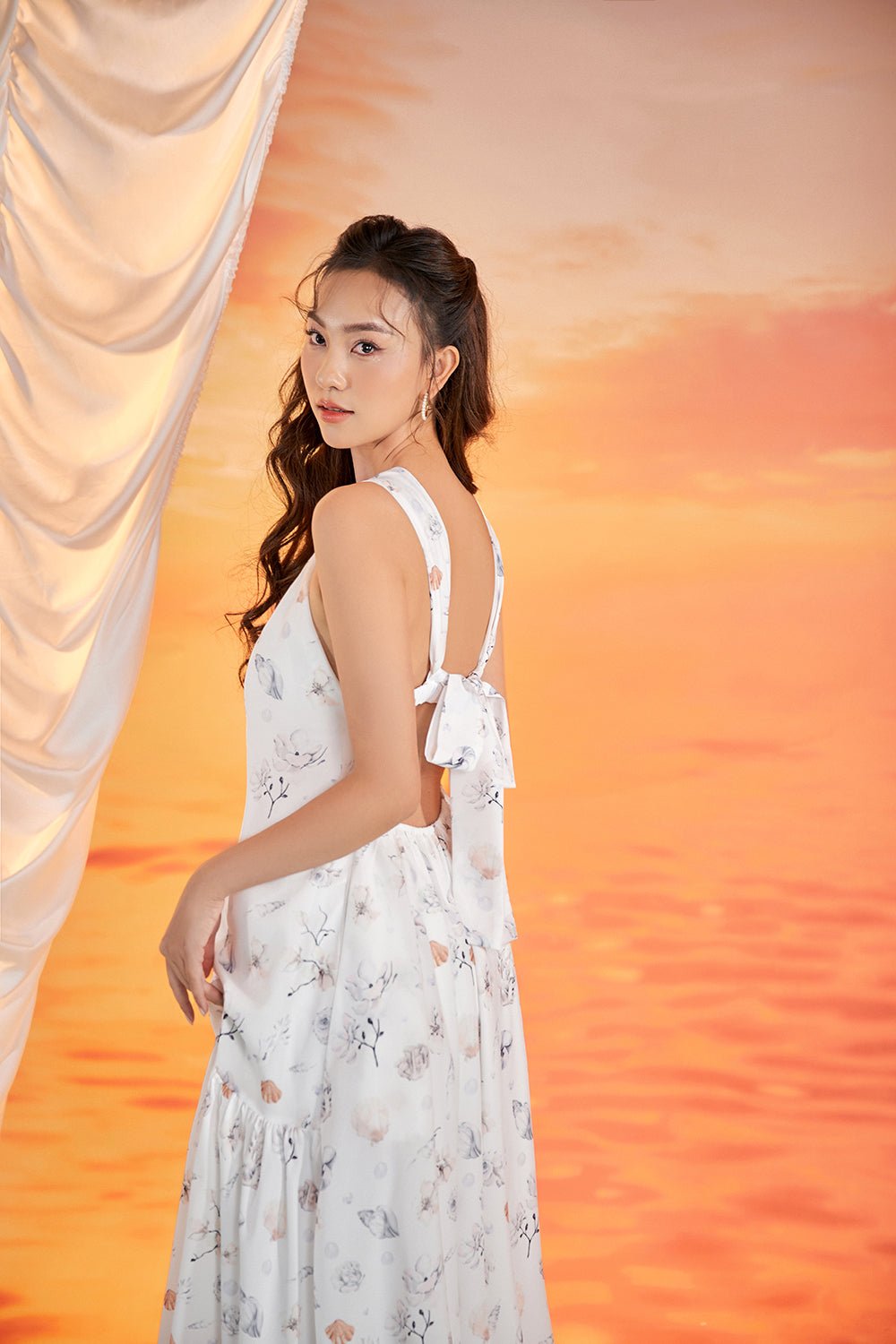 Claudette Tie-Back Halter Padded Maxi Dress in White/Seashell