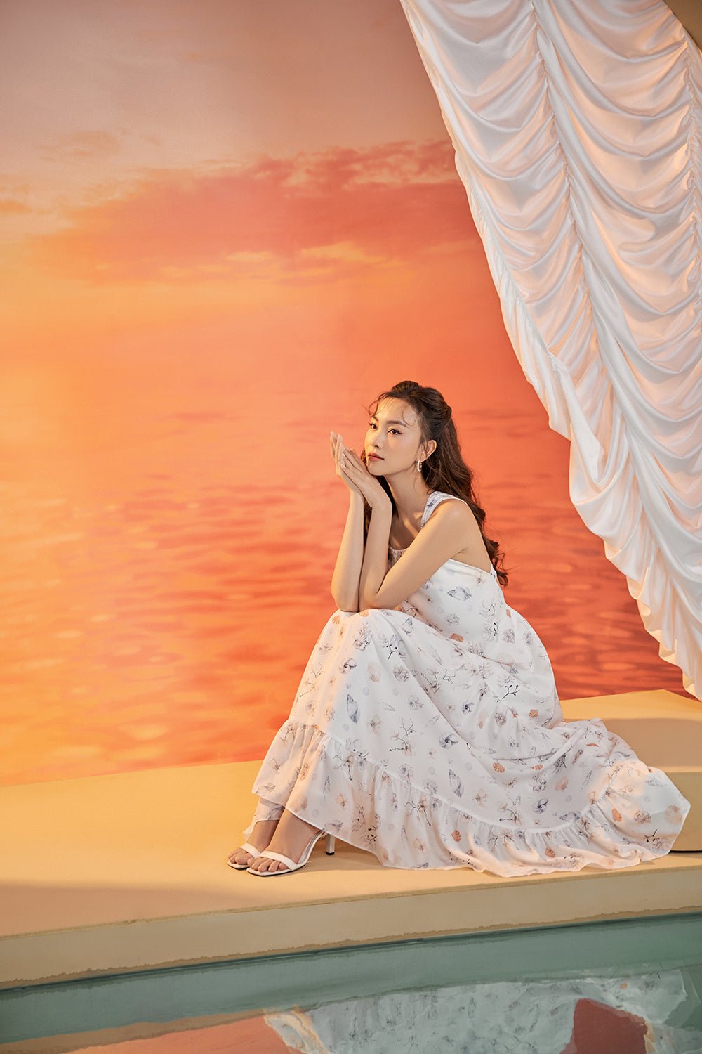 Claudette Tie-Back Halter Padded Maxi Dress in White/Seashell