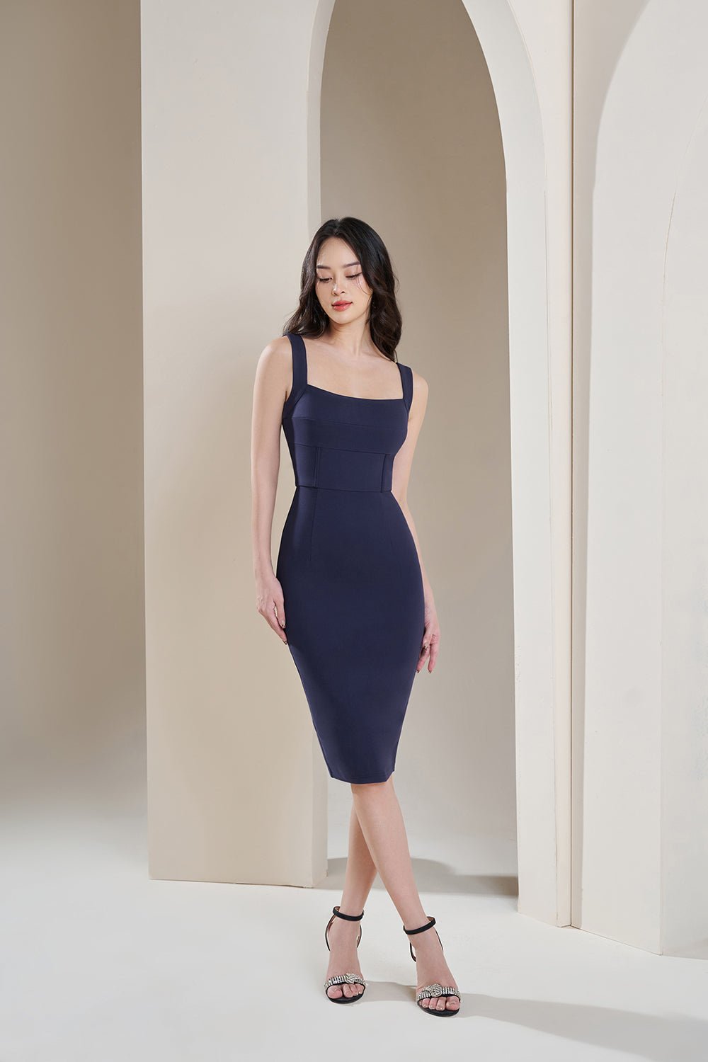 Claudia Corset Detail Fitted Pencil Dress in Navy