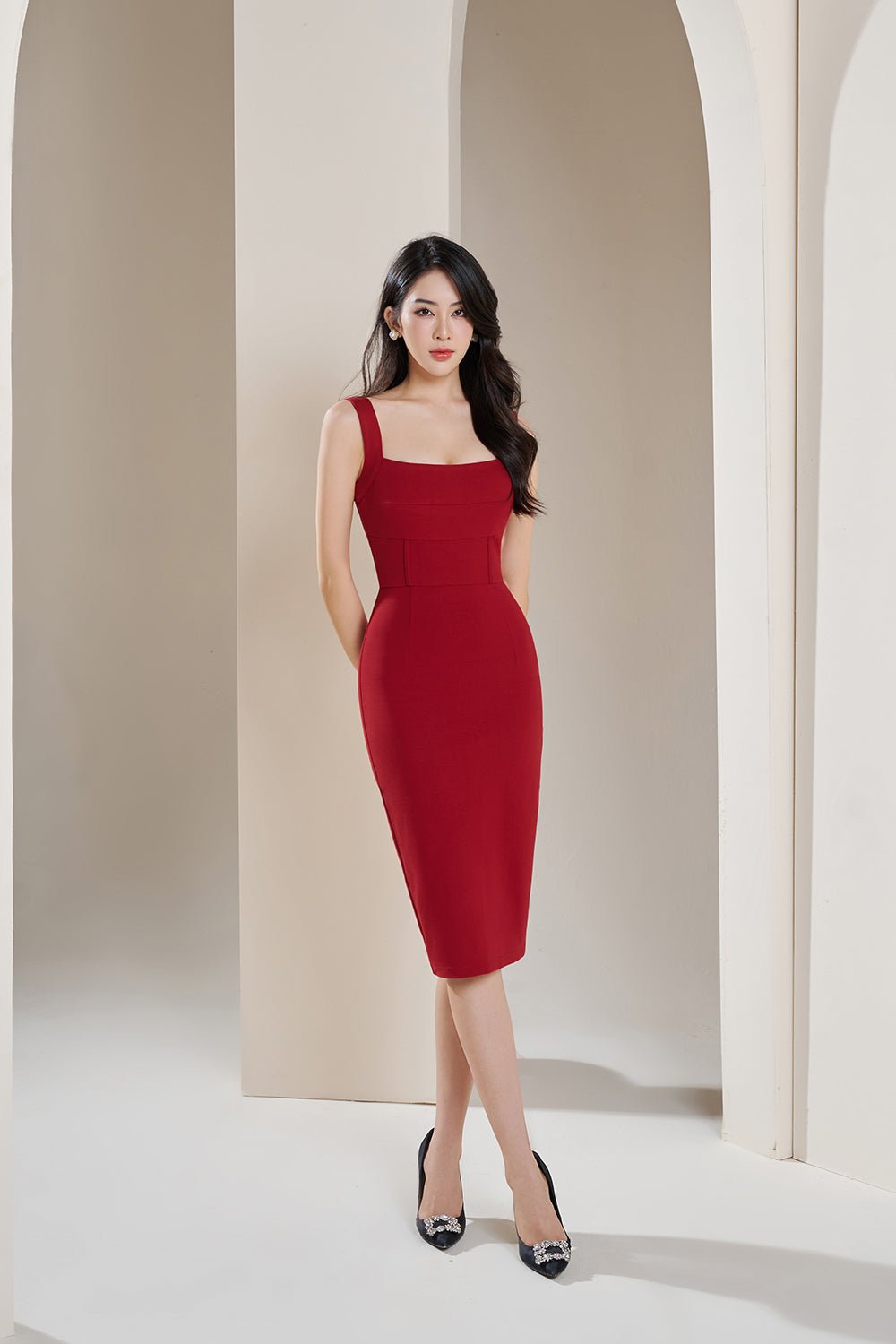 Claudia Corset Detail Fitted Pencil Dress in Red