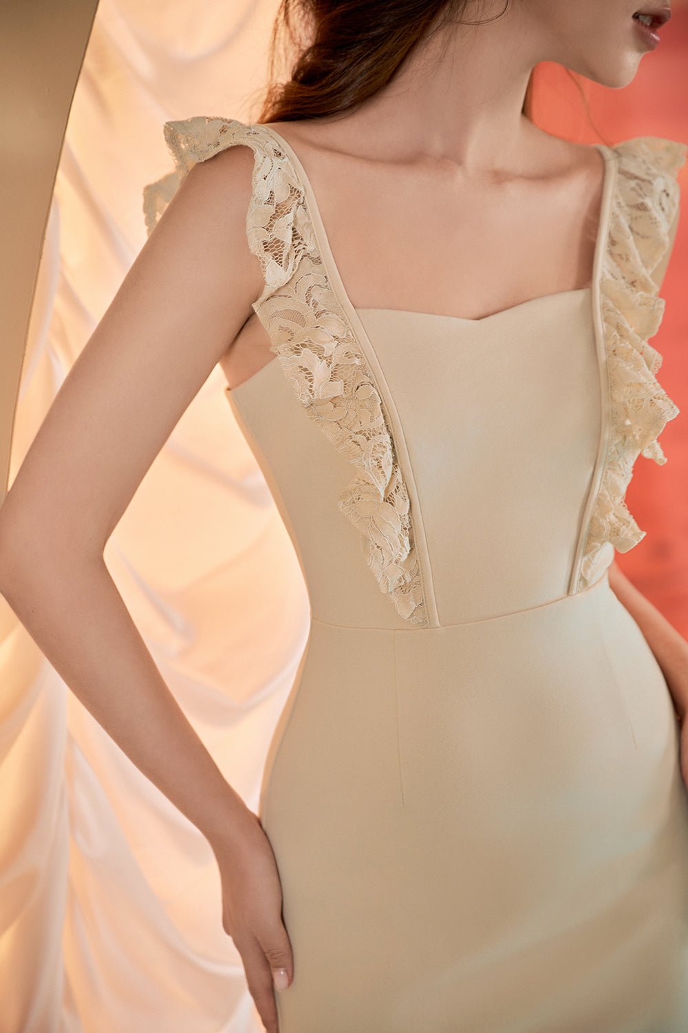 Clementine Lace Frills Fitted Dress in Cream Beige