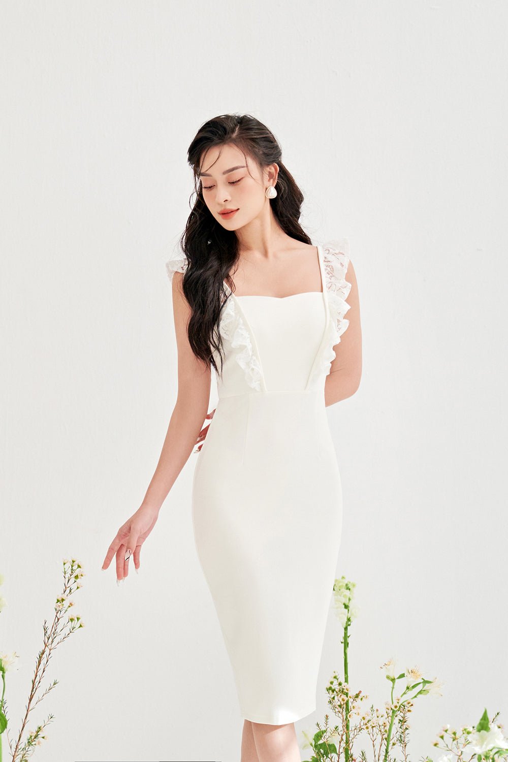 Clementine Lace Frills Fitted Dress in Iconic White