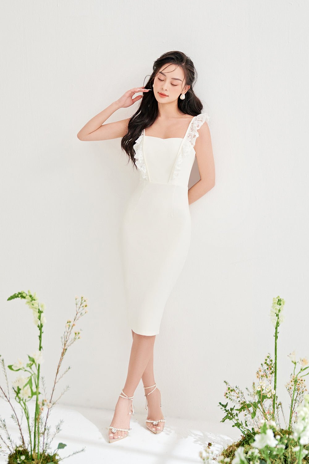 Clementine Lace Frills Fitted Dress in Iconic White