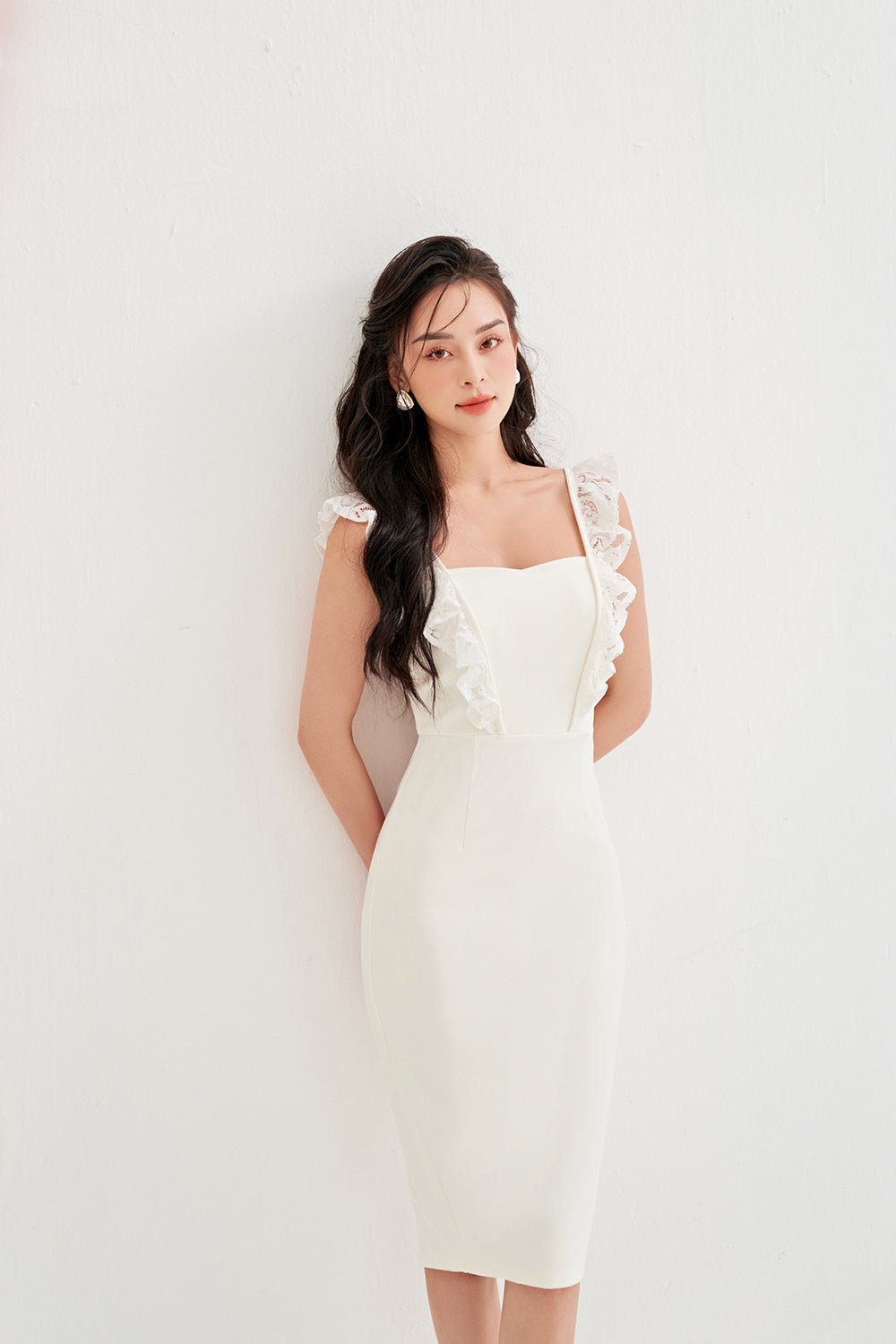 Clementine Lace Frills Fitted Dress in Iconic White