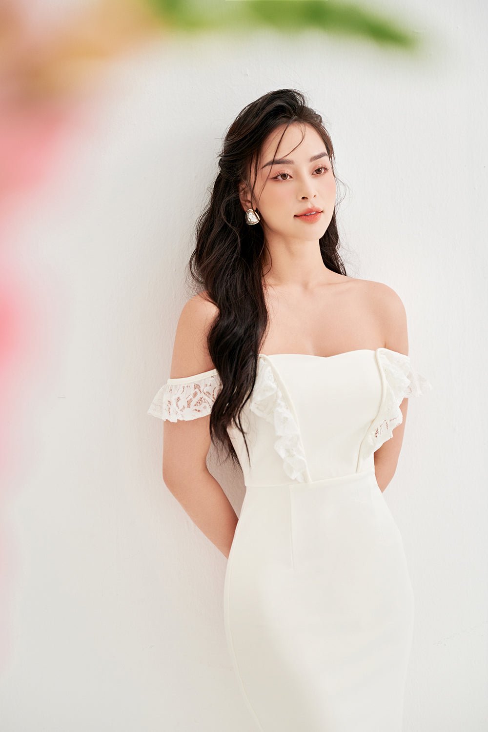 Clementine Lace Frills Fitted Dress in Iconic White