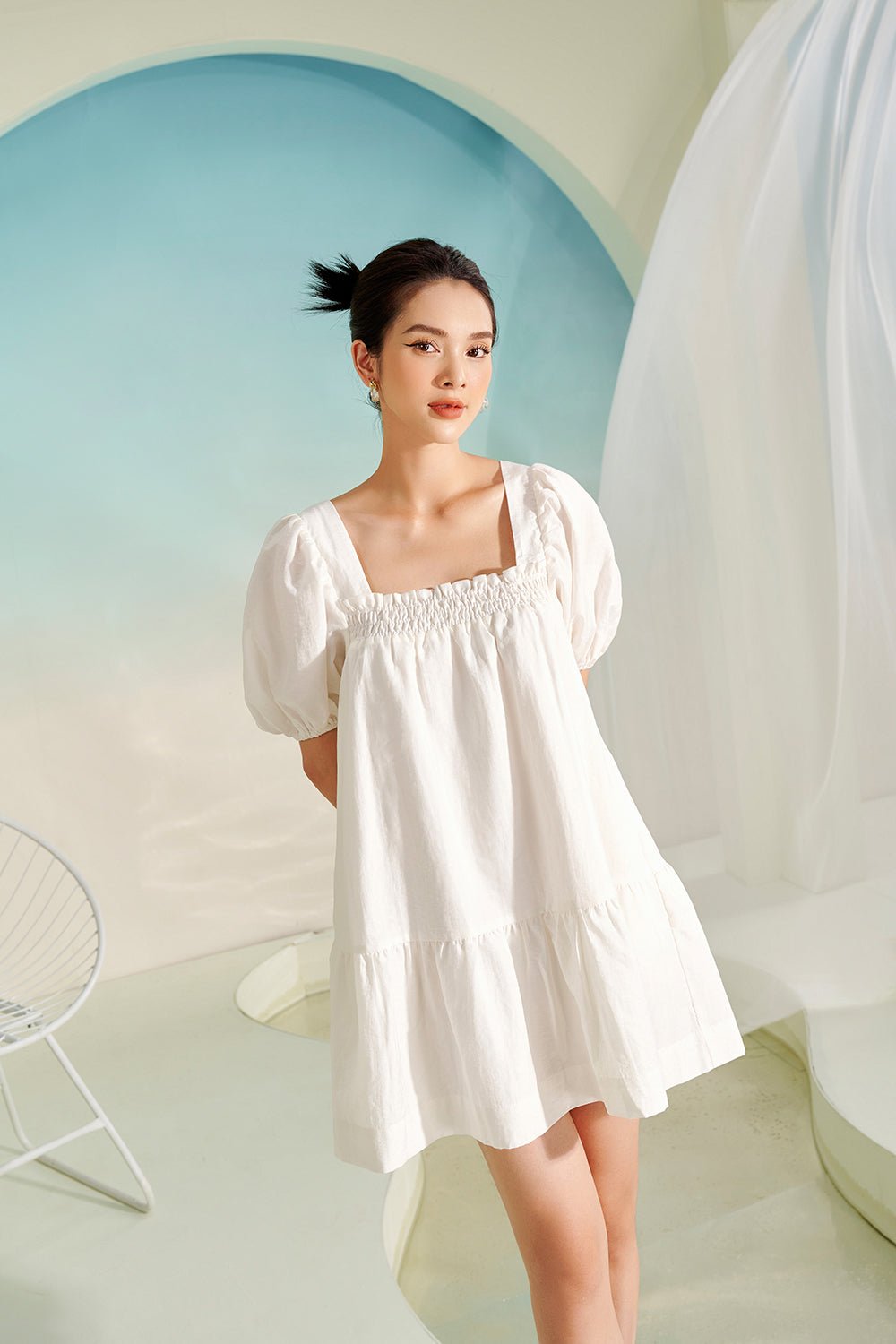 Delilah Smock Mini Dress in Iconic White