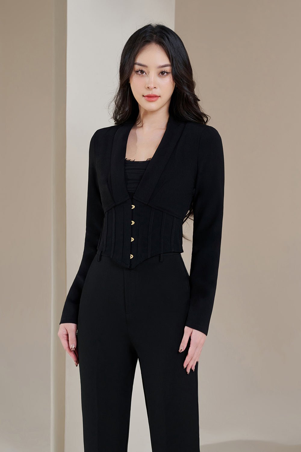 Elle Corset Crop Lapel Blazer in Classic Black