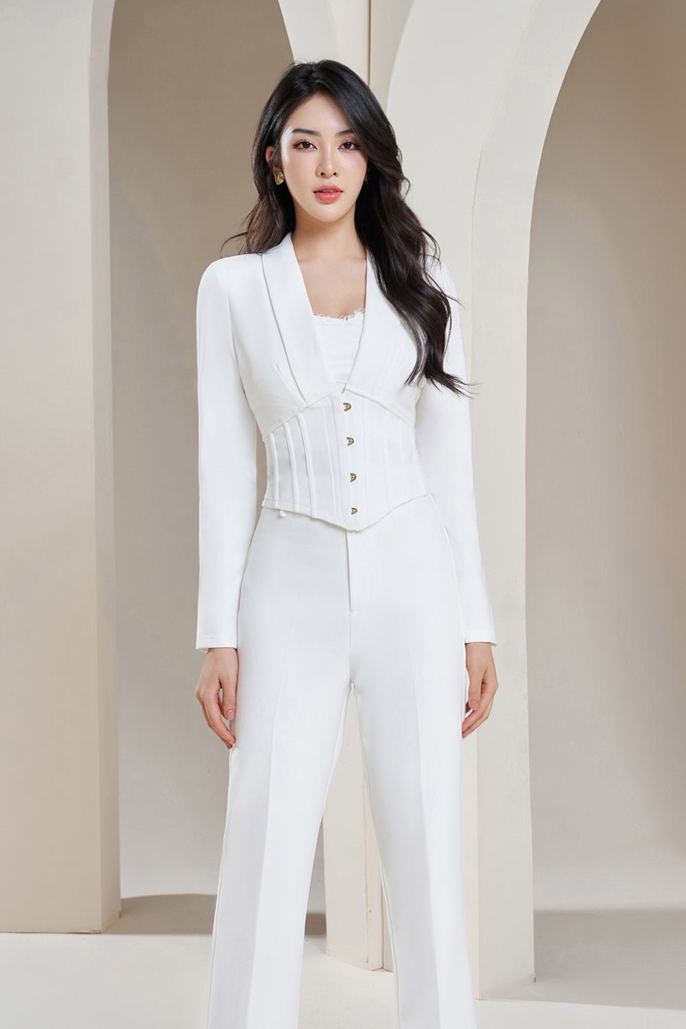 Elle Corset Crop Lapel Blazer in Iconic White