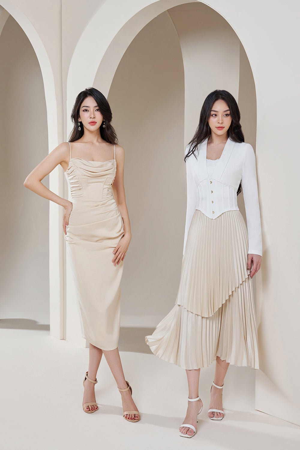 Jennie Cowl Neck Corset Detail Dress in Light Champagne