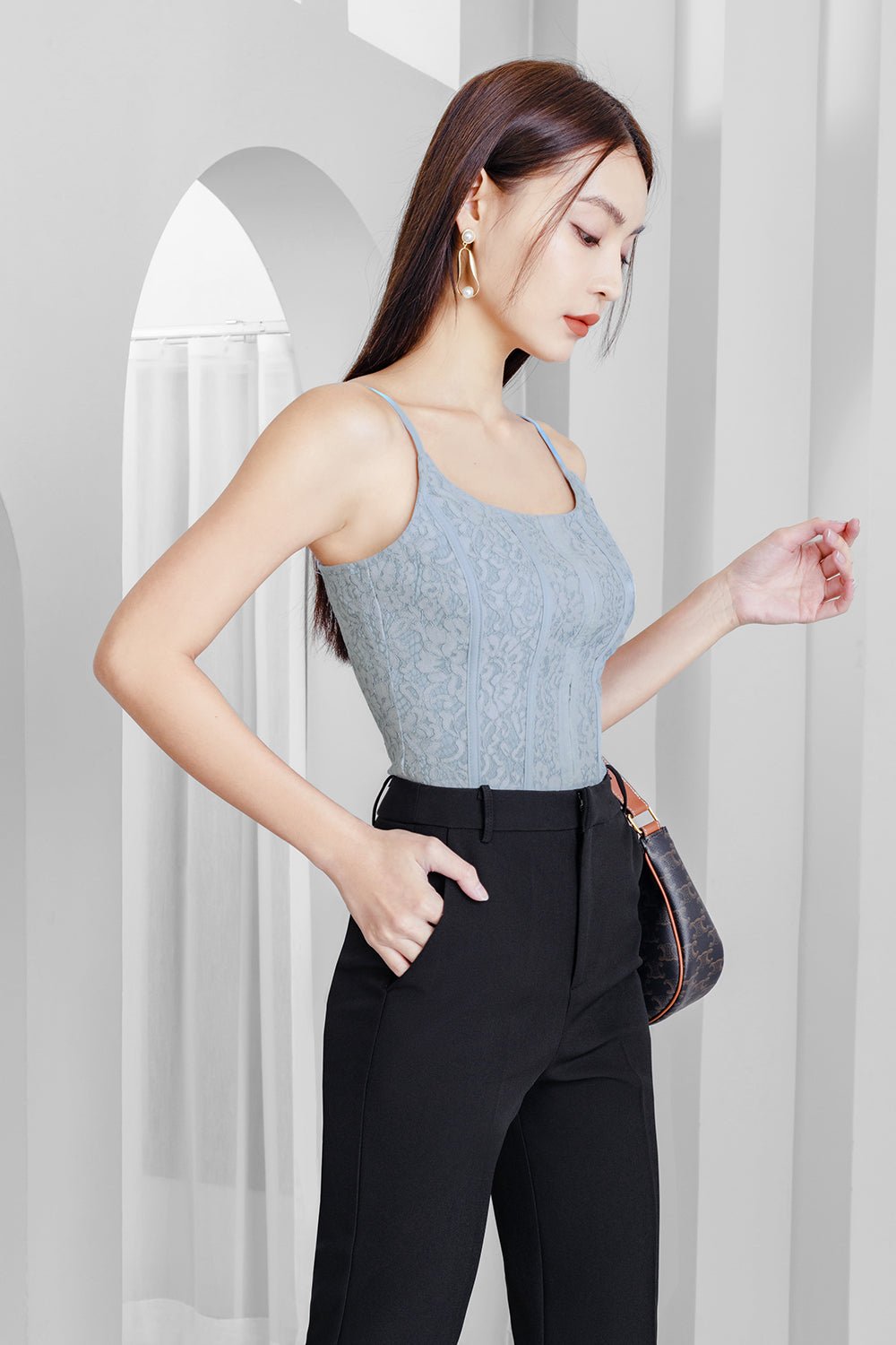 Elsie Corset-like Lace Top in Winter Blue